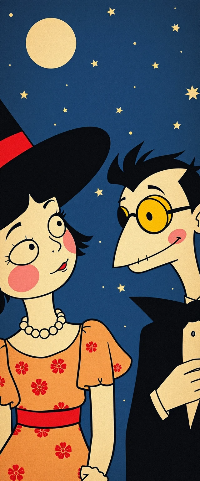 Stravaganti personaggi fantasy retrò in un colorato mondo da fiaba