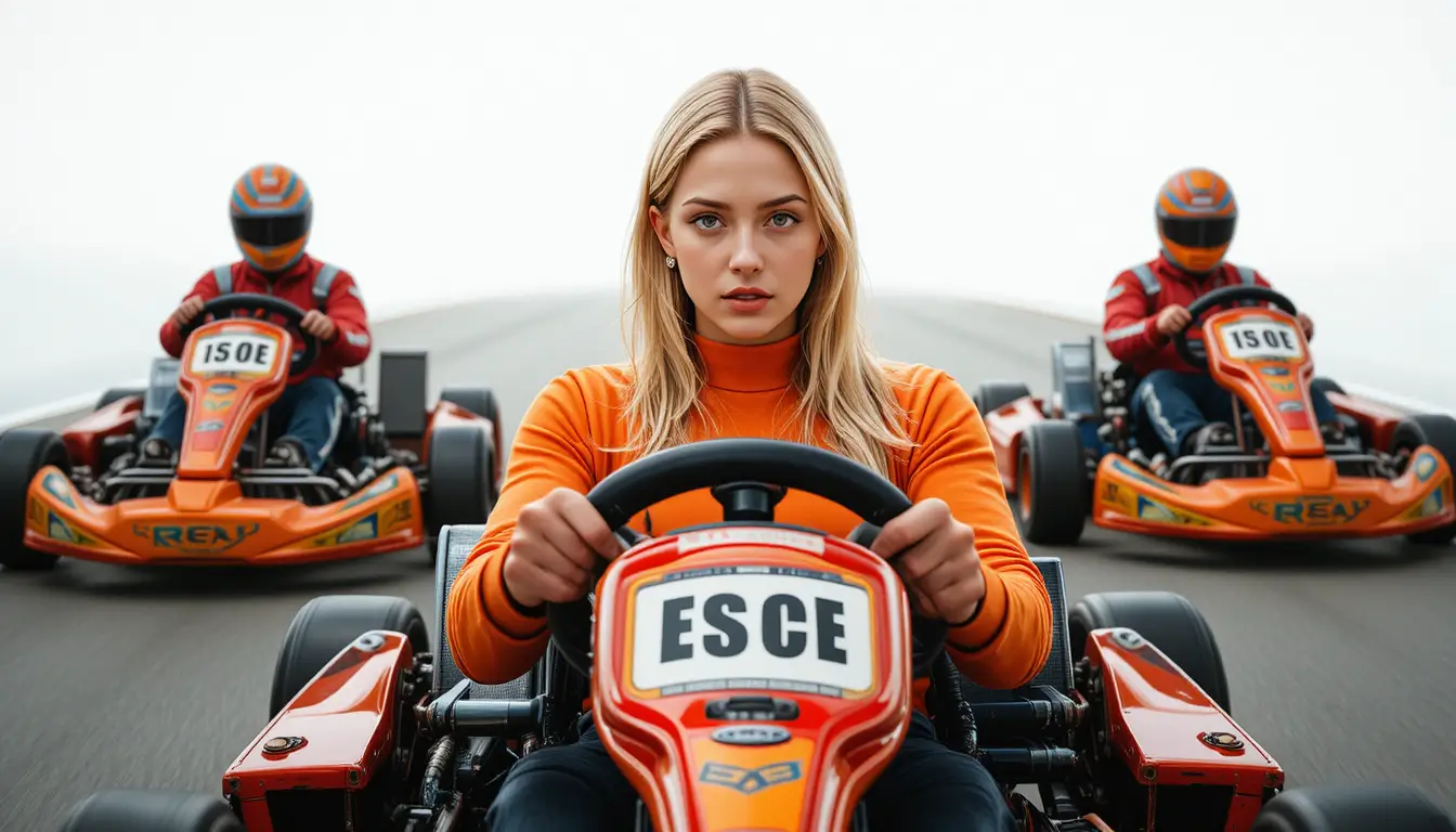Donna concentrata che guida un go-kart rosso in pista