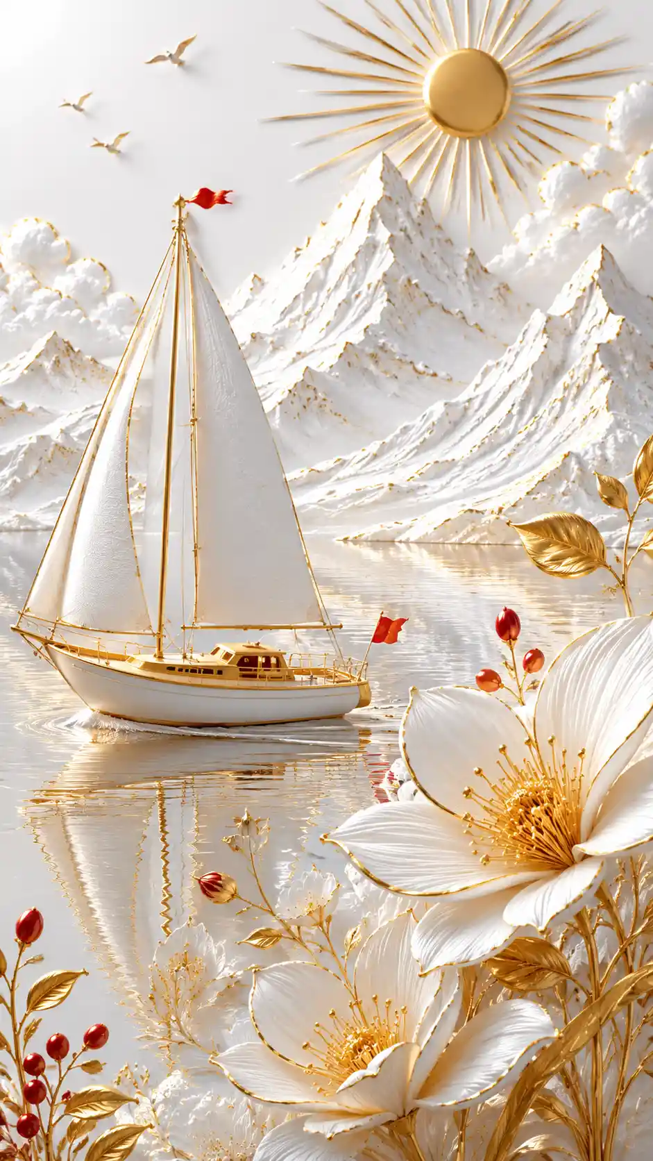 White sailboat on mirrored mountain lake in golden sunlight