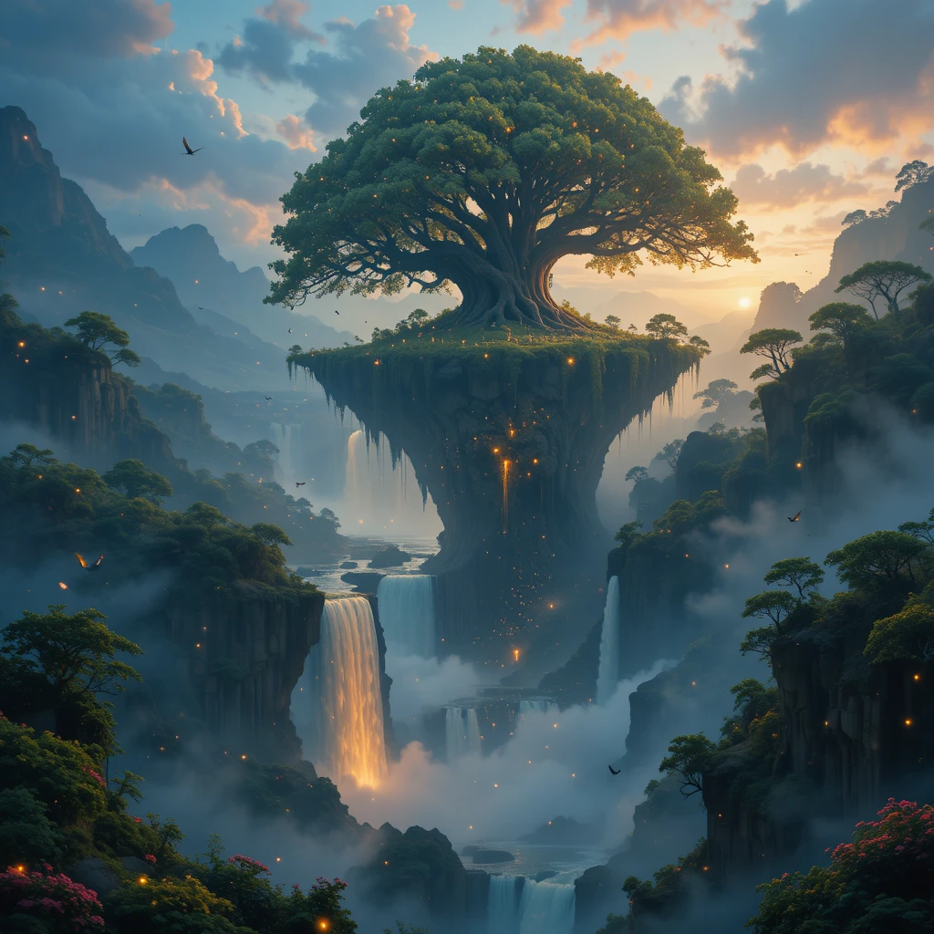 Uralter schwebender Baum über einem leuchtenden himmelwärts fließenden Wasserfall