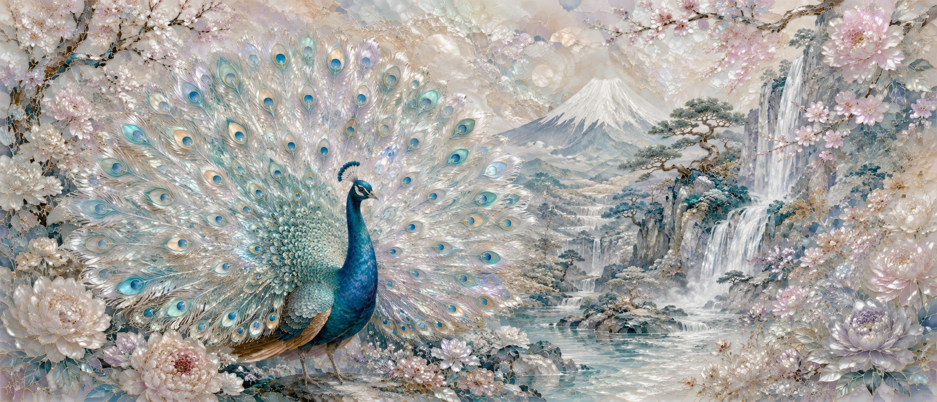 Pavão majestoso diante de uma paisagem de cachoeira japonesa