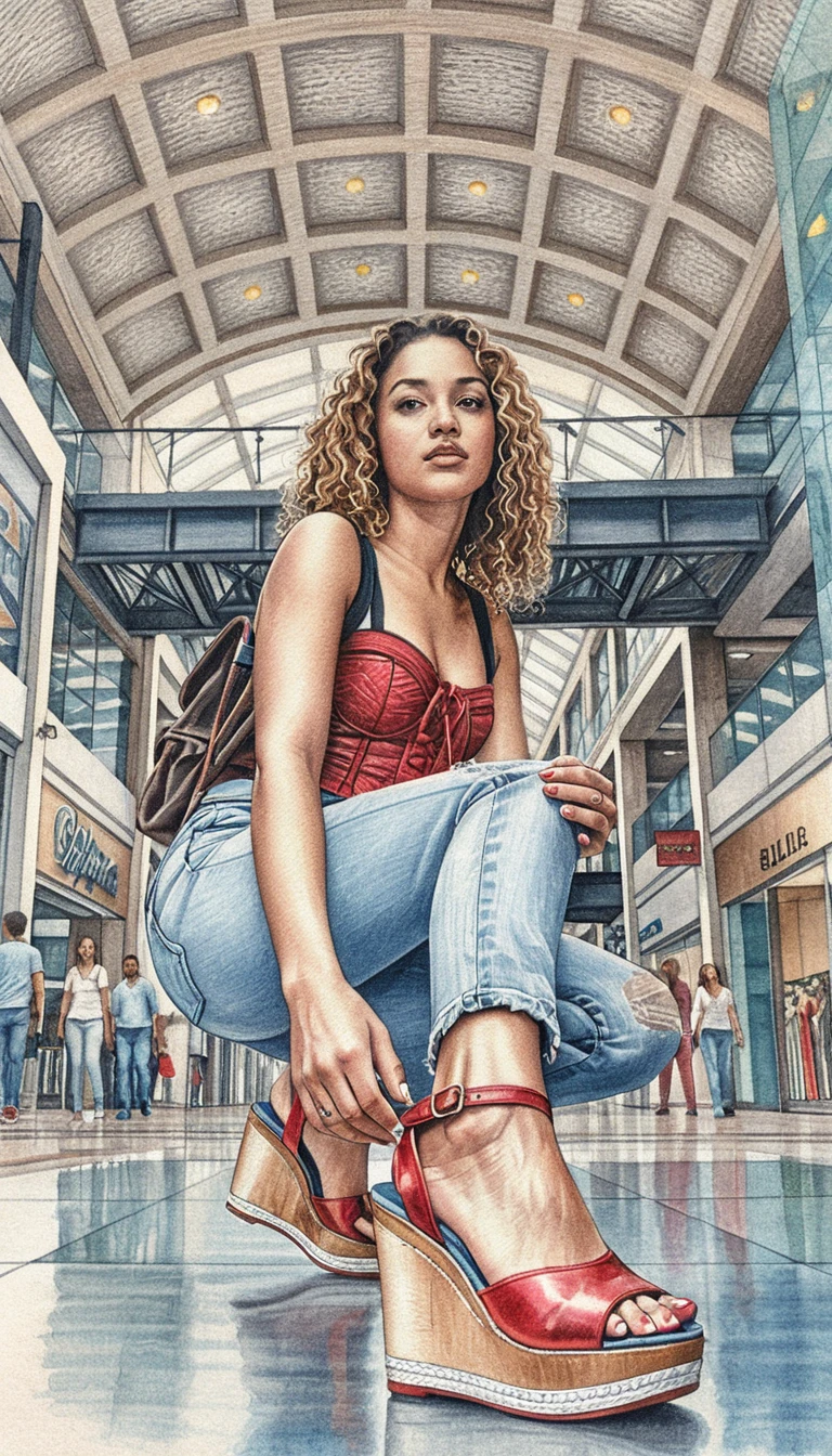 Jovem agachada em um shopping vista de um ângulo baixo