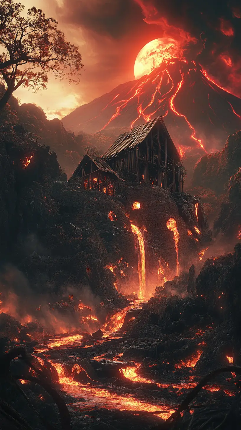 不祥紅月下爆發的火山與熔岩河流
