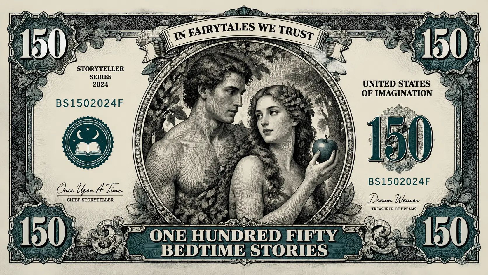 Fantasy 150 dollar bill with Adam and Eve portrait