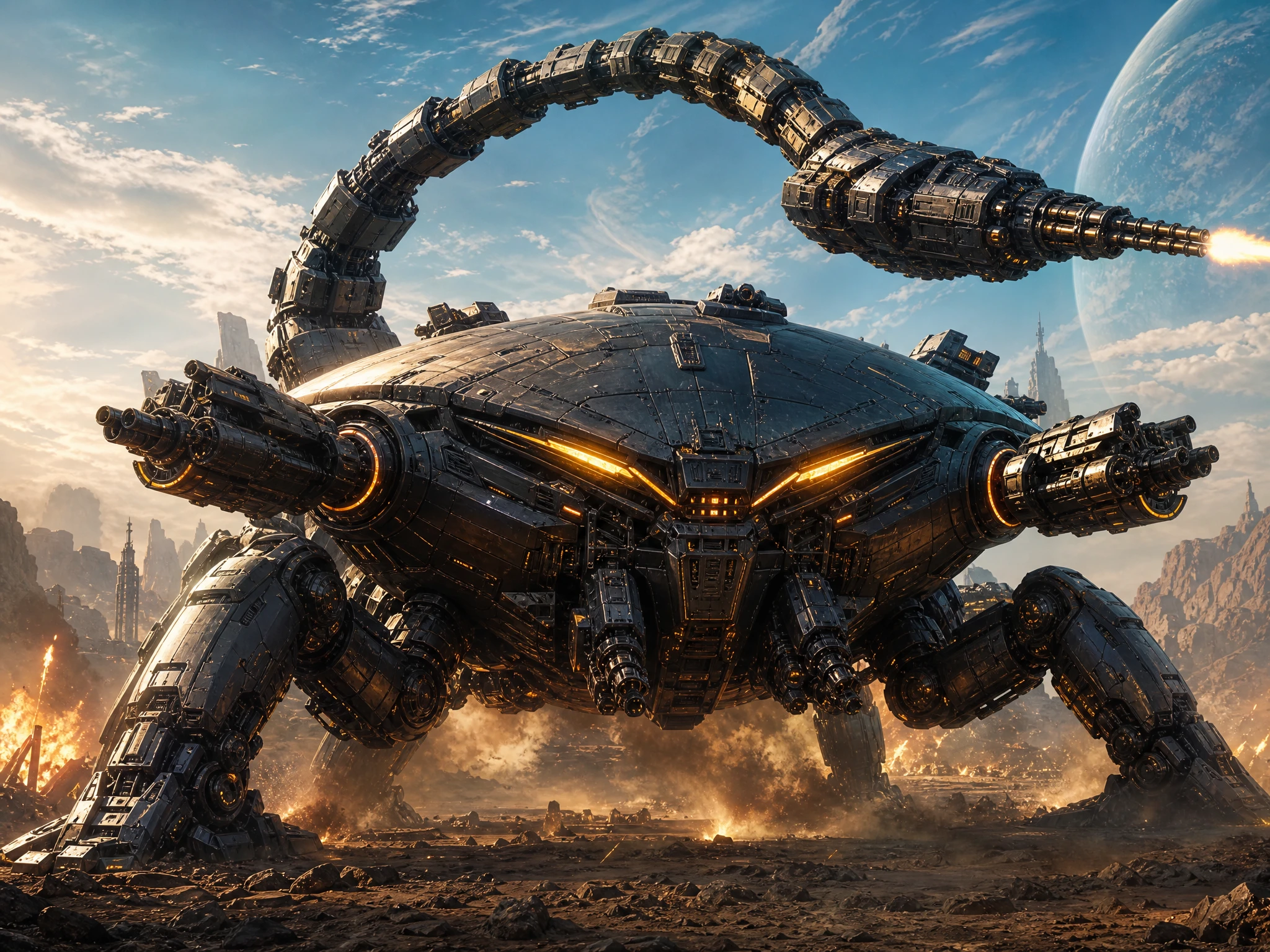 Colossal mecha blindado erguendo-se sobre um campo de batalha alienígena em chamas
