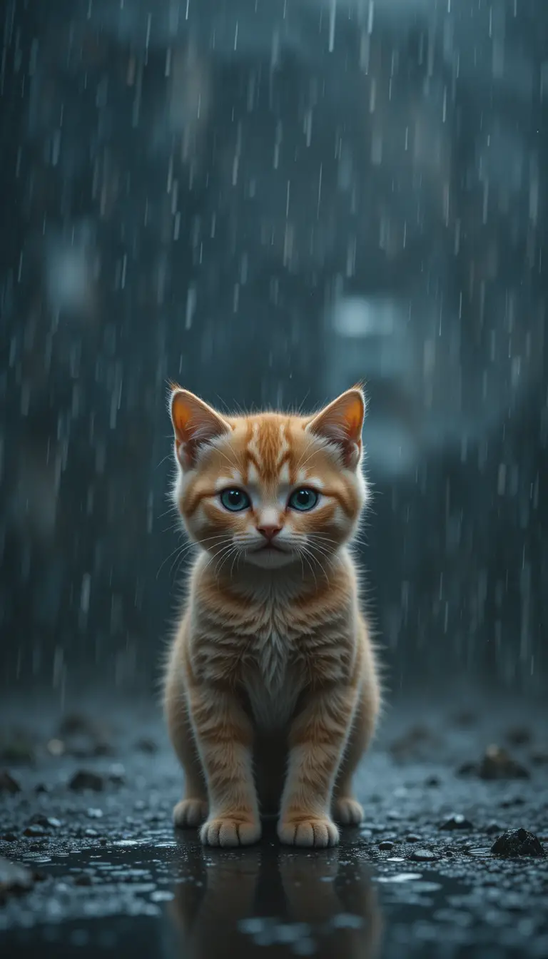 激しい雨の中でひとりぼっちの小さなオレンジ色の子猫と悲しそうな瞳