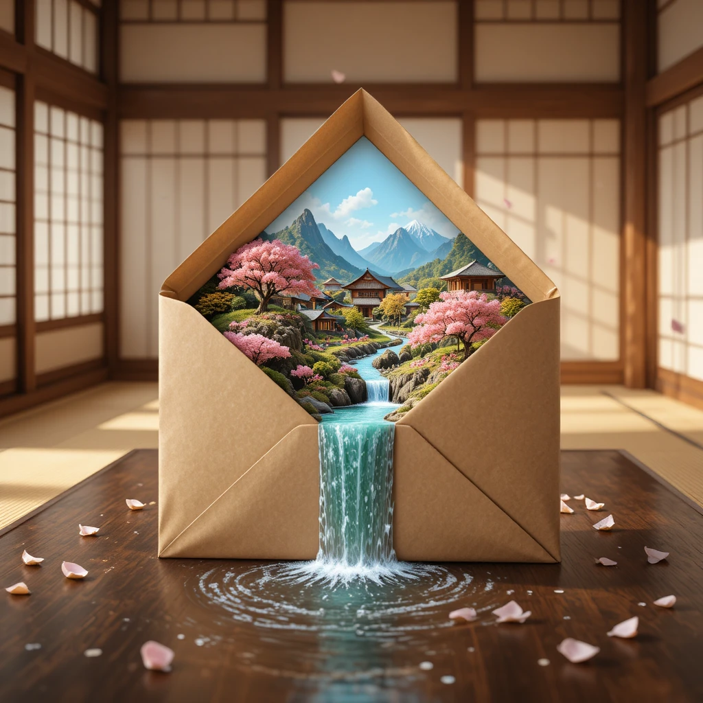 Sobre que se abre hacia un paisaje en miniatura de un pueblo japonés
