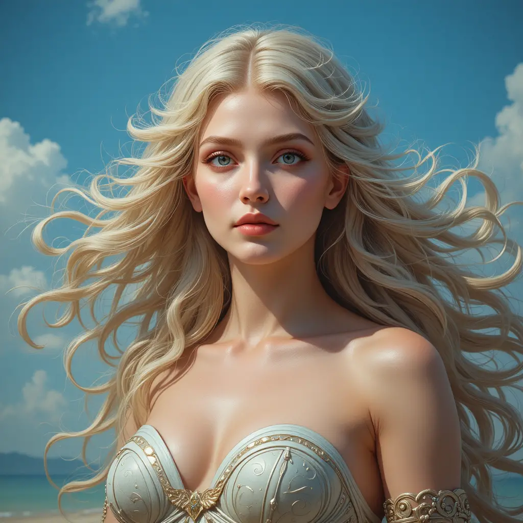 Tall fantasy goddess aiming her bow with flowing hair