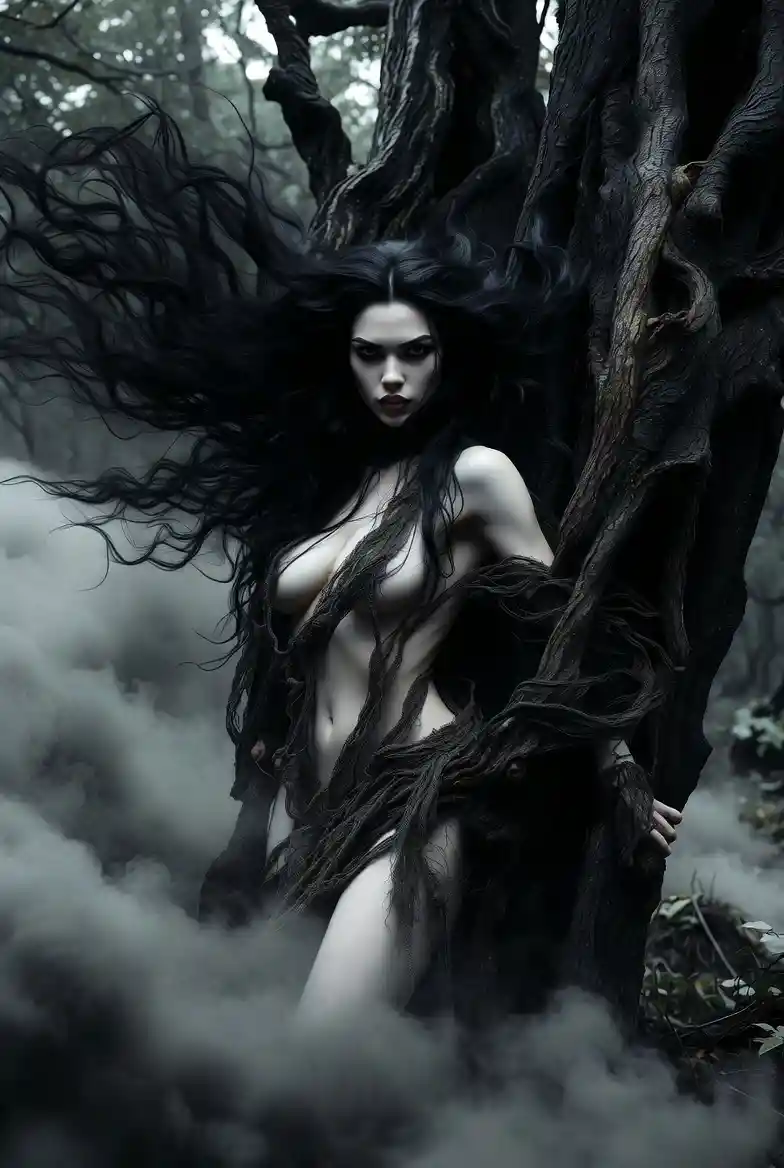 Hyperrealistic dryad woman emerging from her ancient tree
