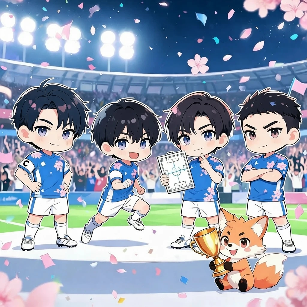 Cute chibi soccer team with fox mascot in stadium