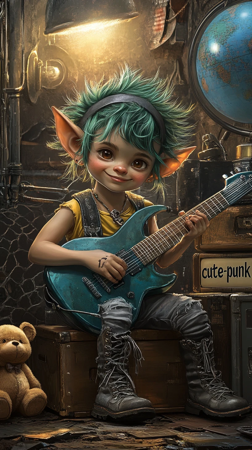 Adorável troll menino de cabelo verde tocando uma guitarra azul elétrica