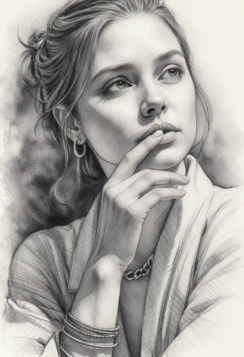 Retrato em tinta de uma mulher pensativa com a mão nos lábios