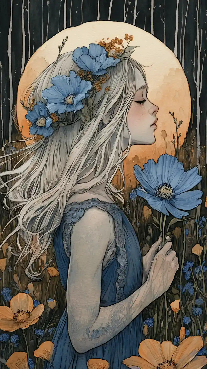 Girl in floral meadow at sunset watercolor illustration