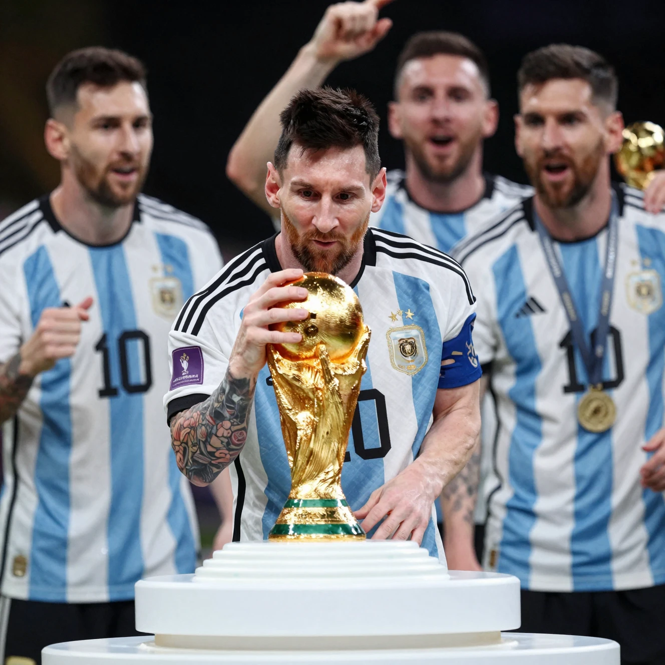 Globo de neve épico com campeão de futebol erguendo o troféu