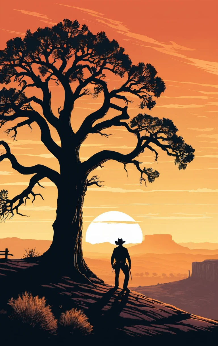 Silhueta de Cowboy na Encosta ao Pôr do Sol com Árvore Solitária