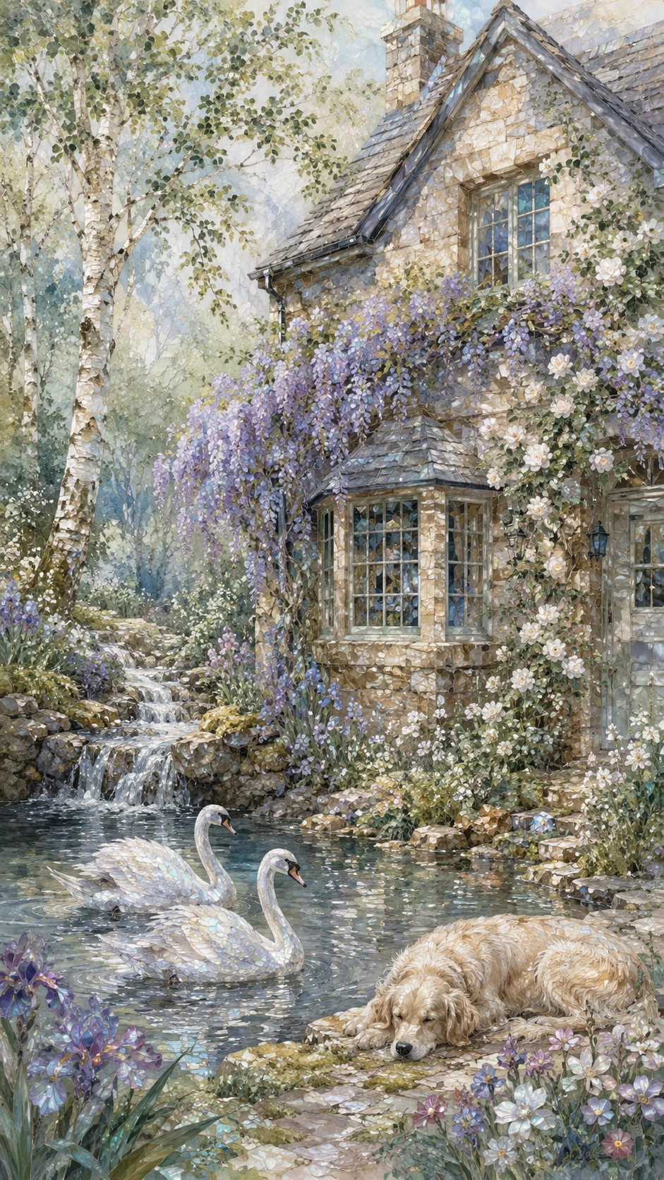 Nahaufnahme eines englischen Cottages an einem Teich mit Schwänen