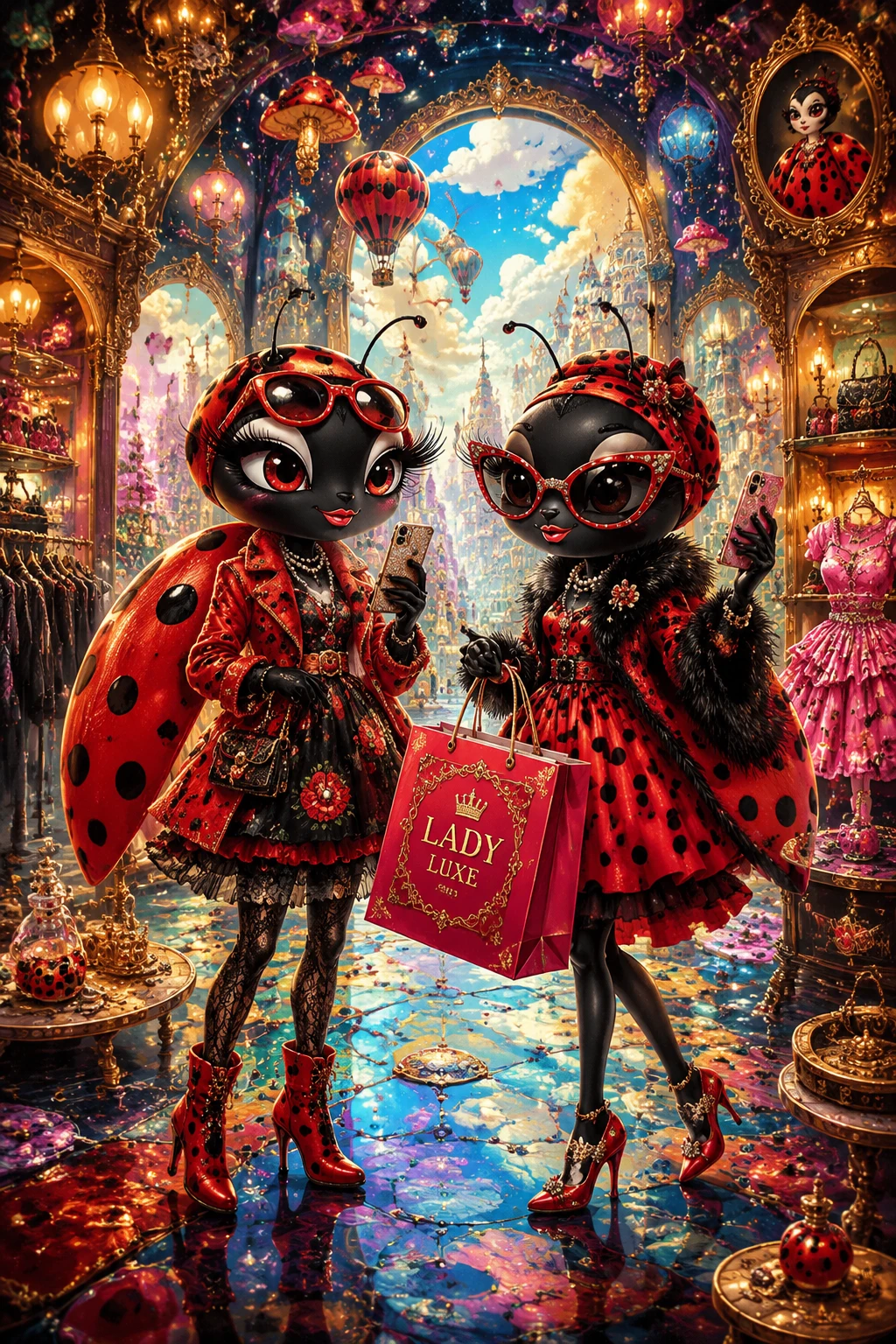 Zwei Marienkäfer-Fashionistas shoppen in einer surrealen Boutique