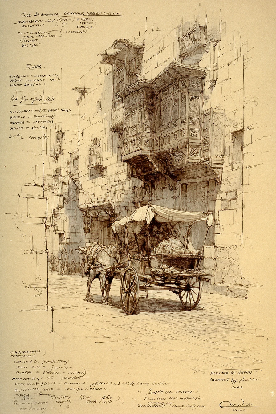 Boceto arquitectónico de una vieja calle de El Cairo con minarete