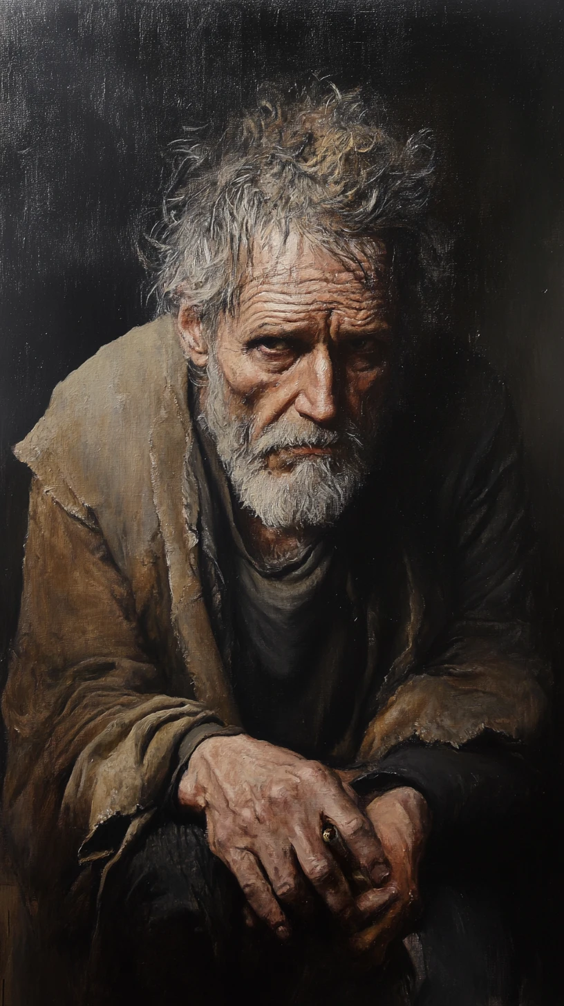 Retrato de idoso exausto com cigarro e bengala