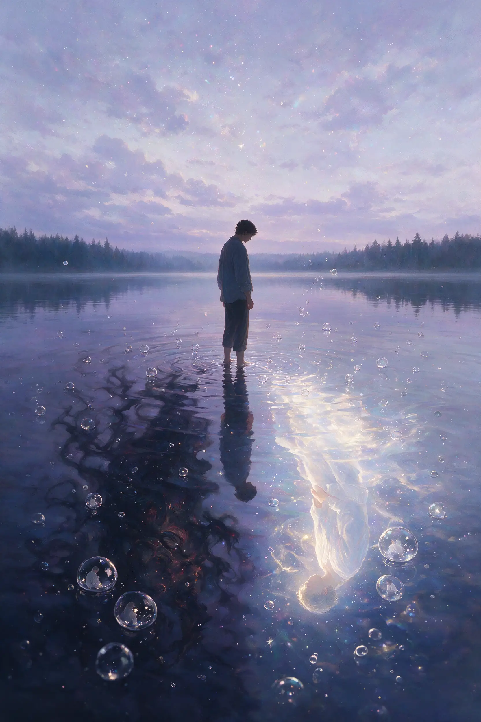 Woman in contemplation above water reflecting dark thoughts