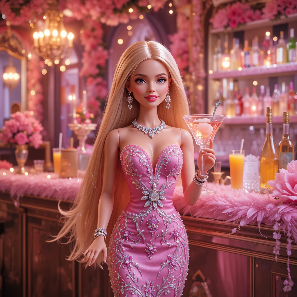 Glamorous doll with mocktail by a decorated party bar