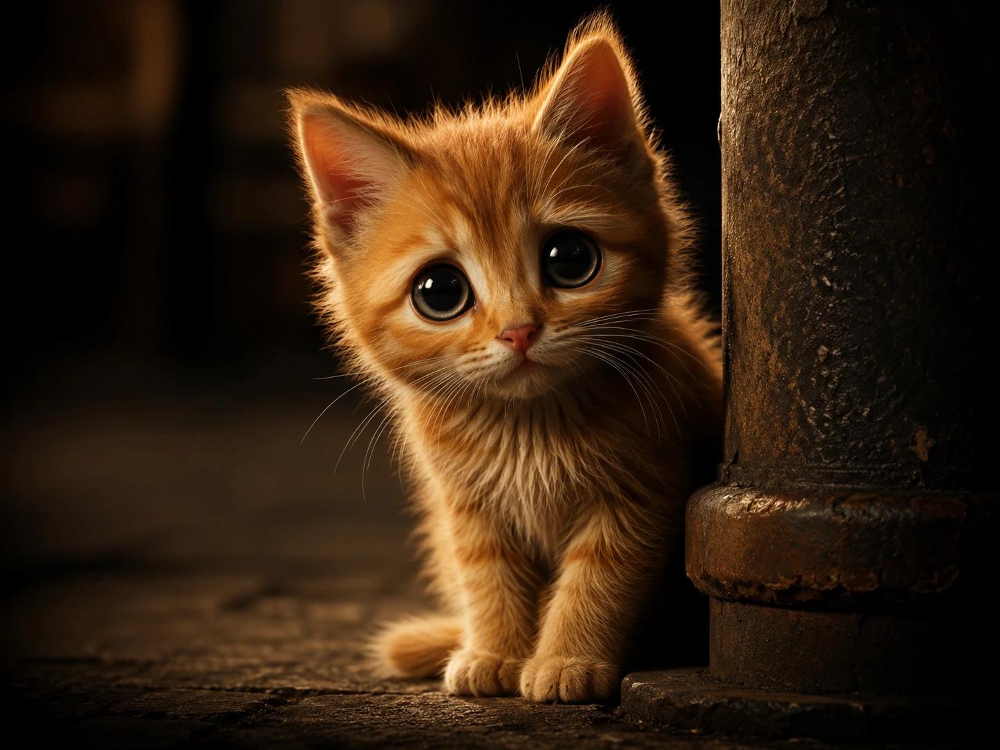 Gatinho 3D tímido com olhos grandes em um holofote dramático