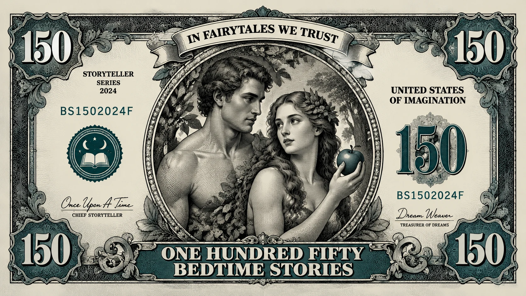 Fantasy 150 dollar bill with Adam and Eve portrait