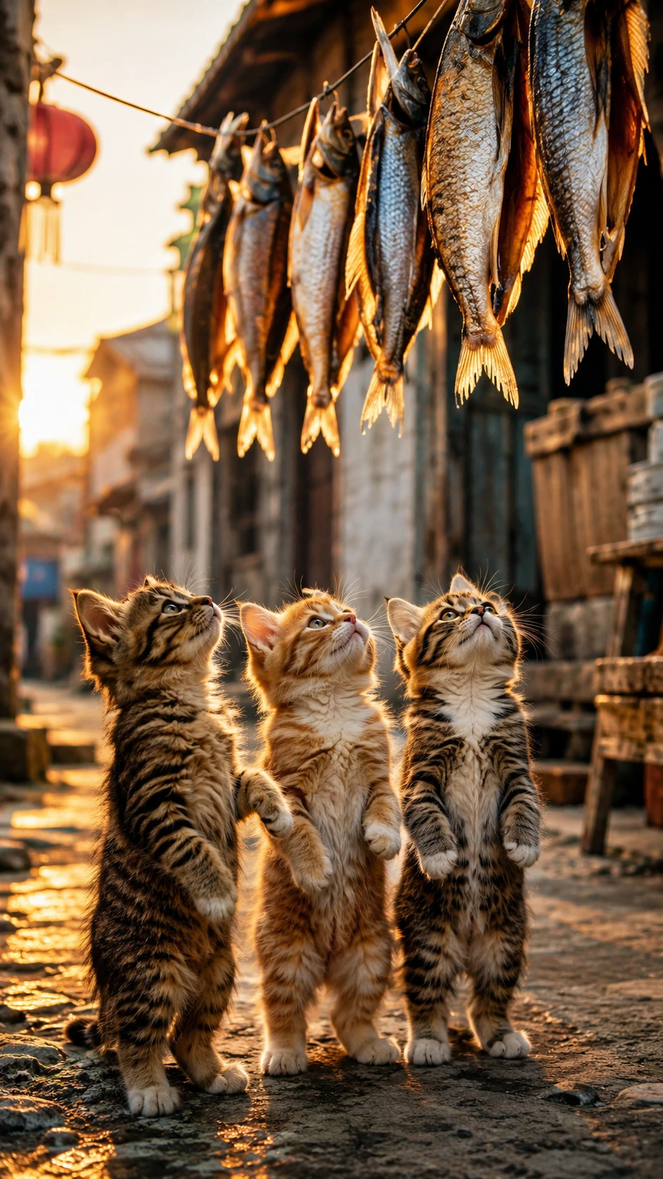 Gatinhos curiosos observando peixe secando em um beco da vila