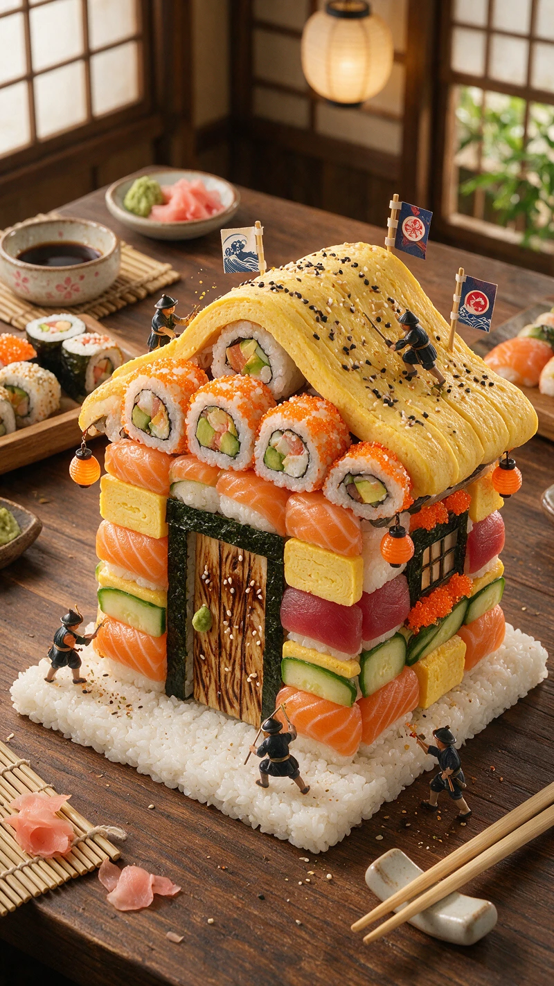 Casa de sushi lúdica arrumada em uma mesa de jantar aconchegante