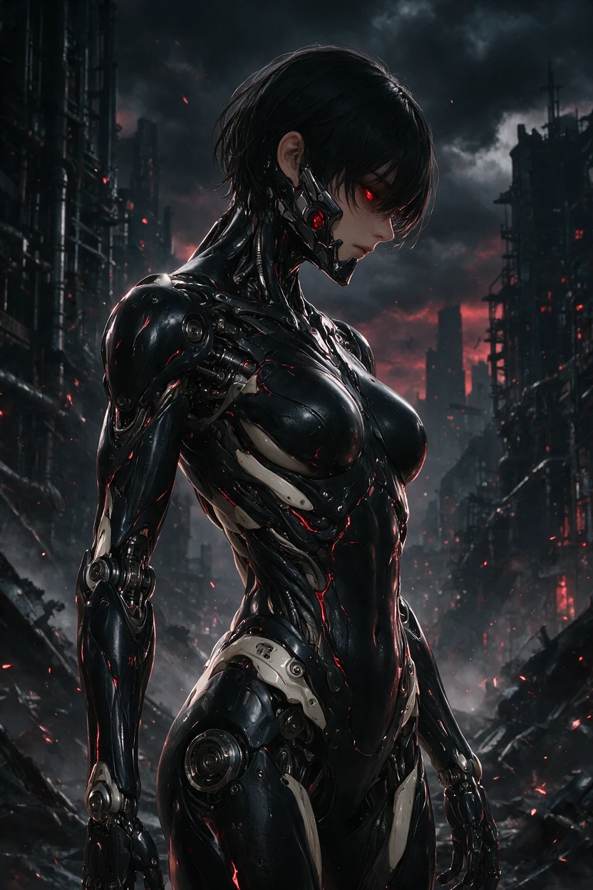 Mulher biomecânica de anime com exotraje preto em cidade arruinada