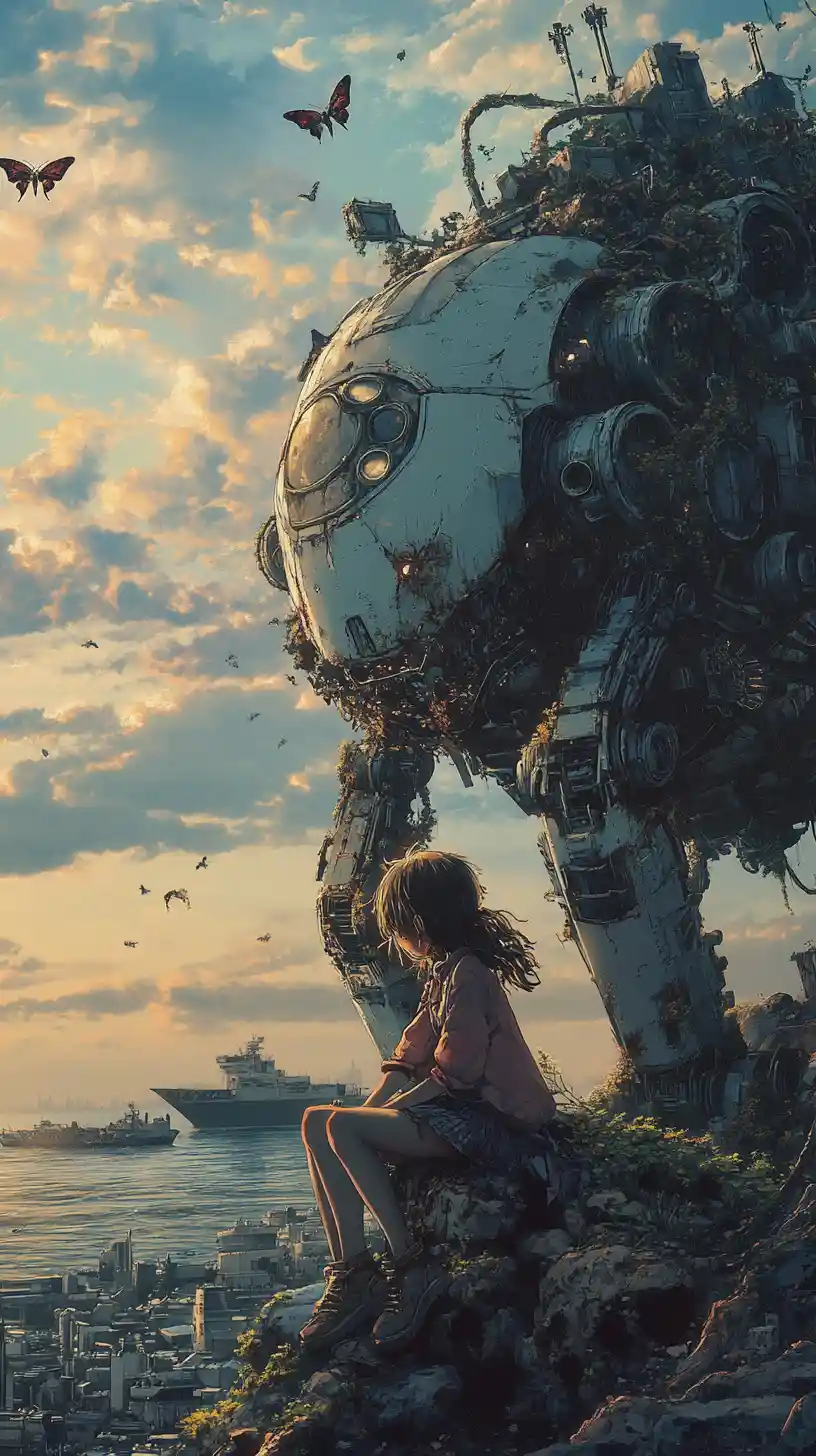 Anime girl resting on a ruined robot at sunrise