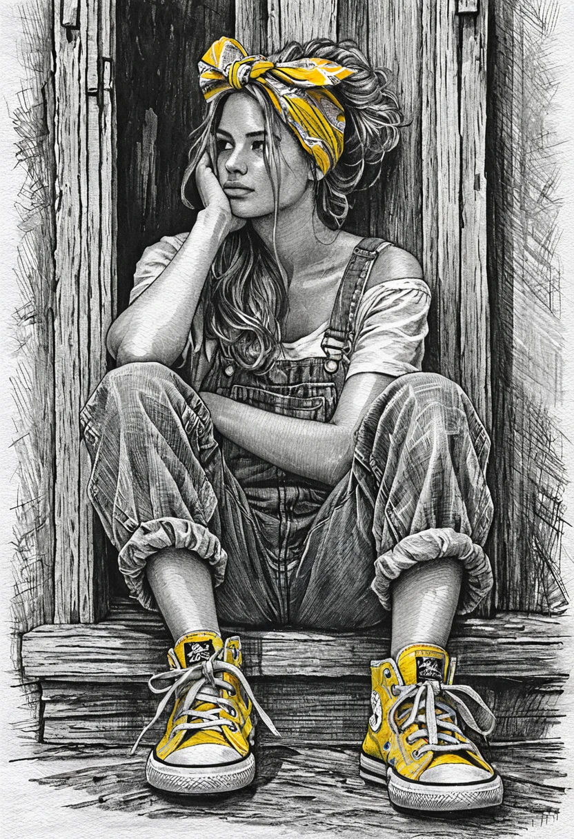 Chica pensativa en dibujo a tinta sentada en un umbral rústico