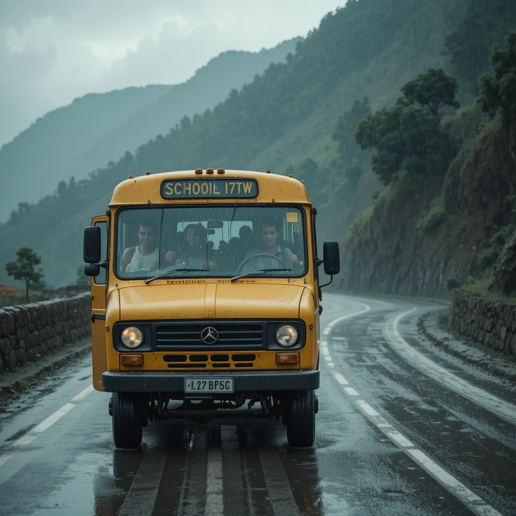 Bus scolaire jaune sur route de montagne sous la pluie à Murree, Pakistan