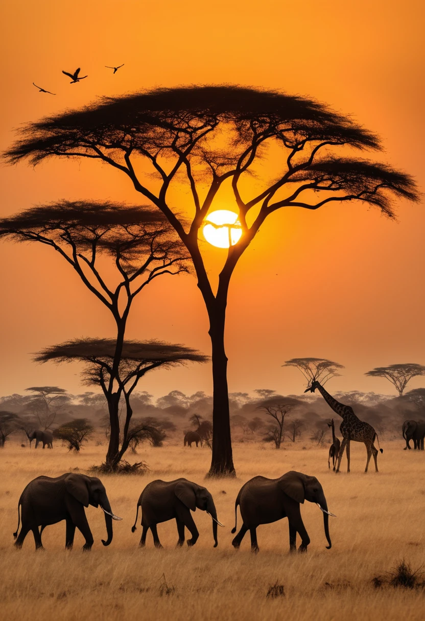 Vida selvagem em silhueta na savana africana ao nascer do sol