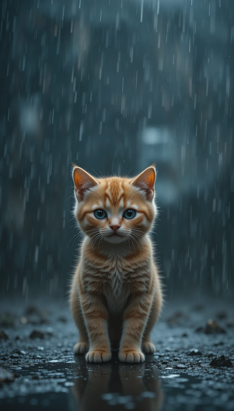激しい雨の中でひとりぼっちの小さなオレンジ色の子猫と悲しそうな瞳