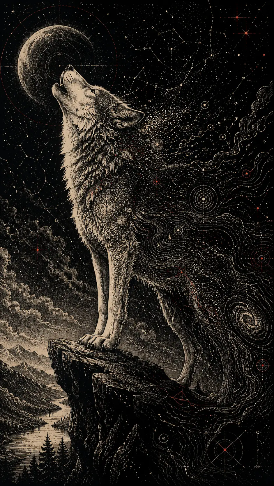 Lobo majestoso em um penhasco ventoso sob um céu cheio de padrões