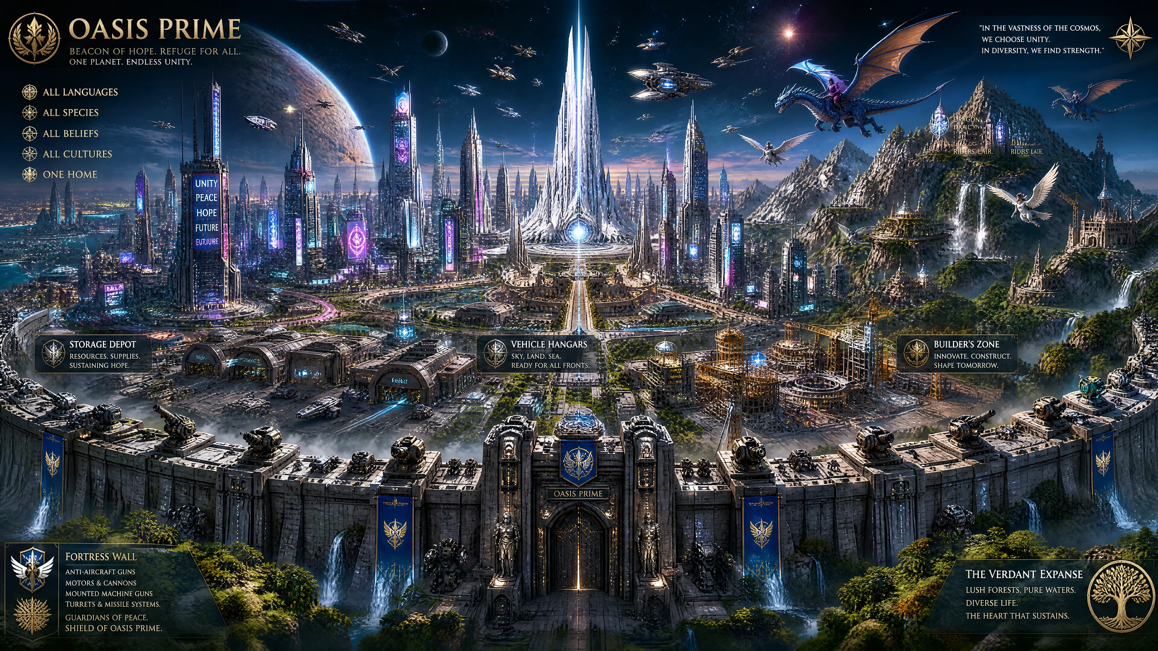 Metropoli sci-fi al neon con imponente guglia bianca centrale