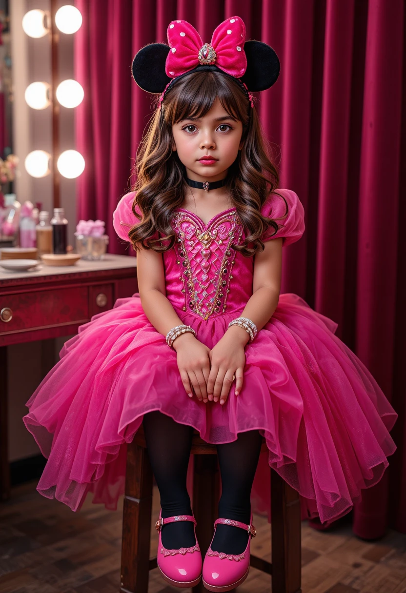 Menino vestido de princesa em cena de penteadeira rosa