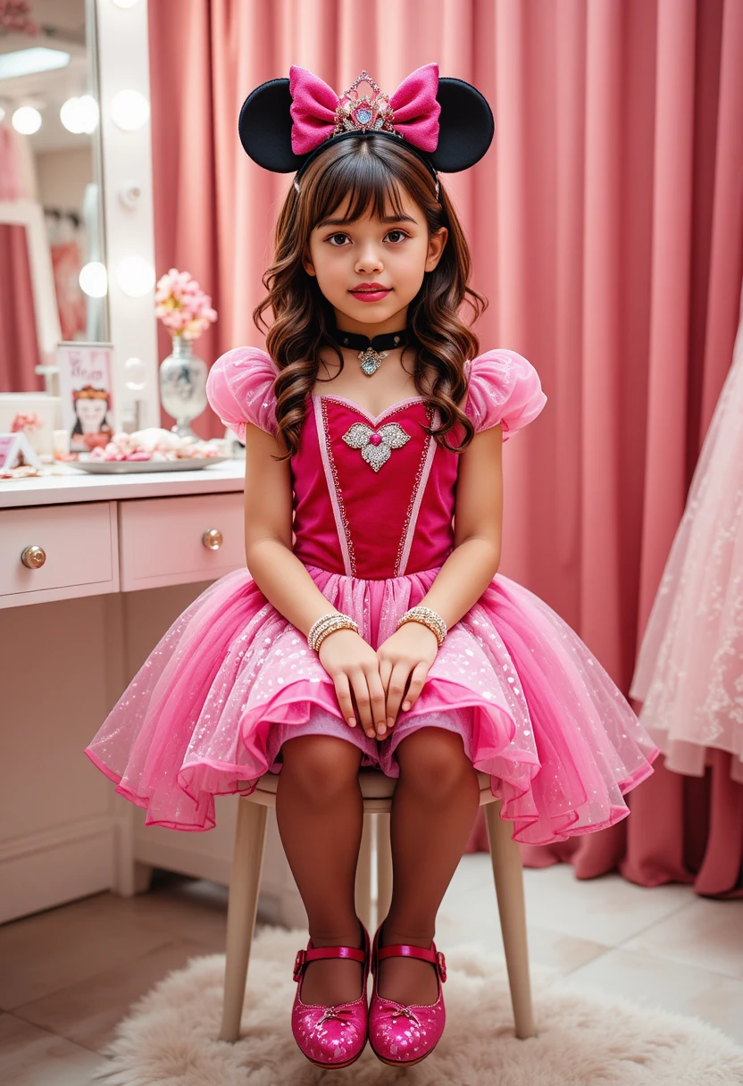 Menino pequeno vestido de princesa em frente à penteadeira