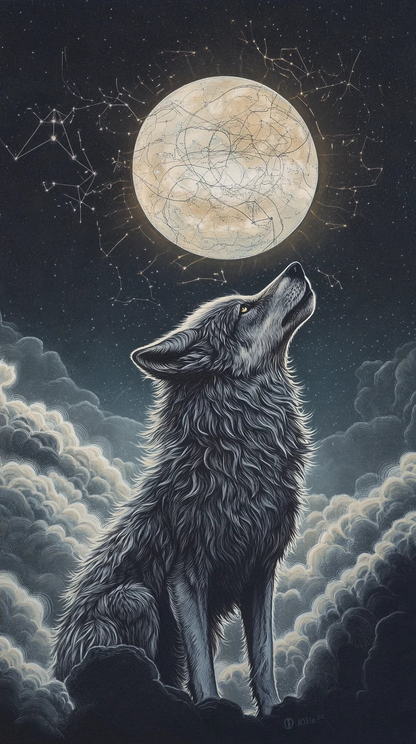 Lobo solitário sob um céu iluminado pela lua com padrões abstratos