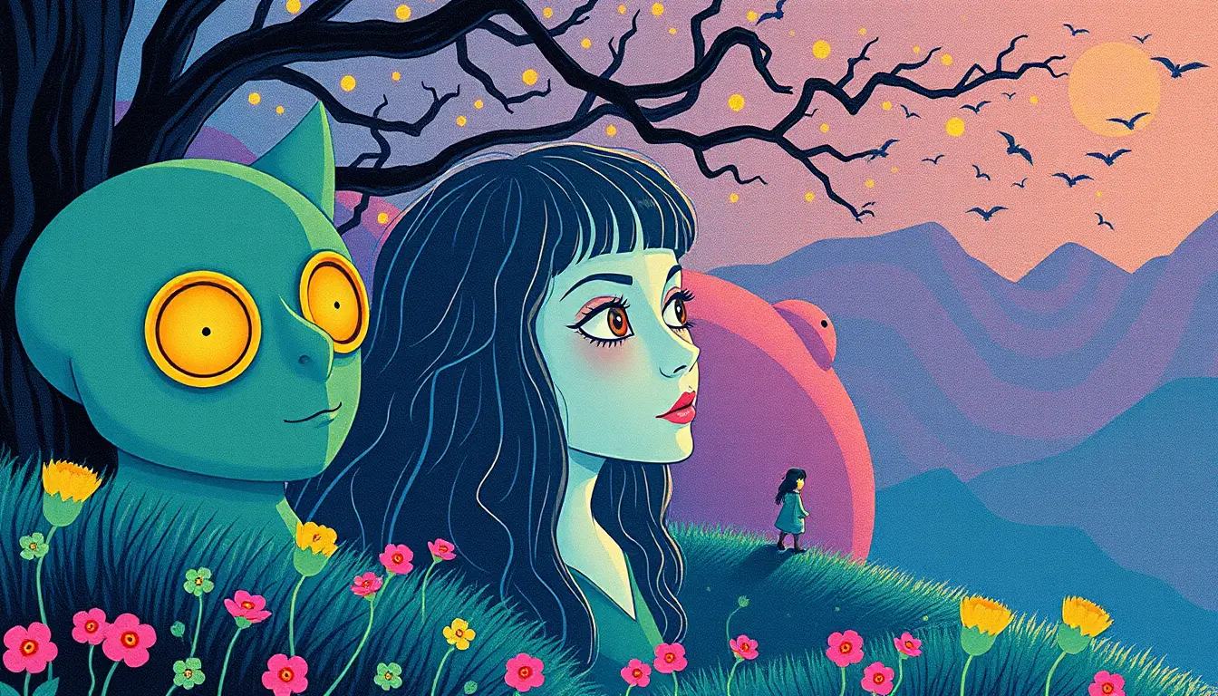 Whimsical fantasy characters in colorful retro 80s poster style