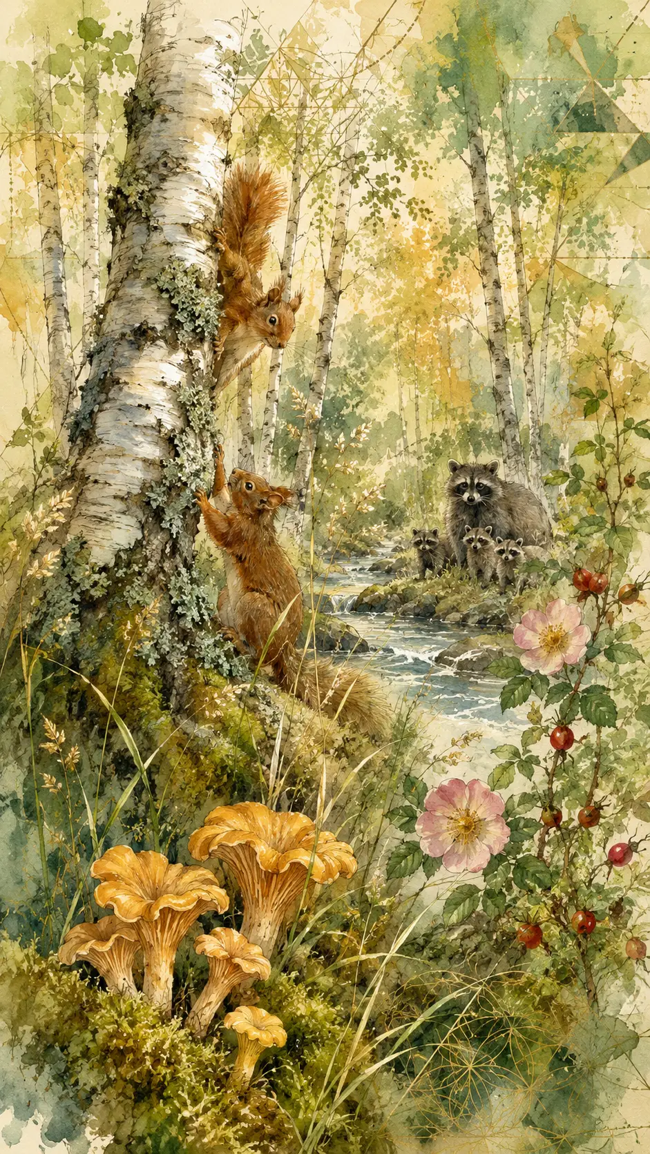 Sunlit birch forest with moss and chanterelle mushrooms