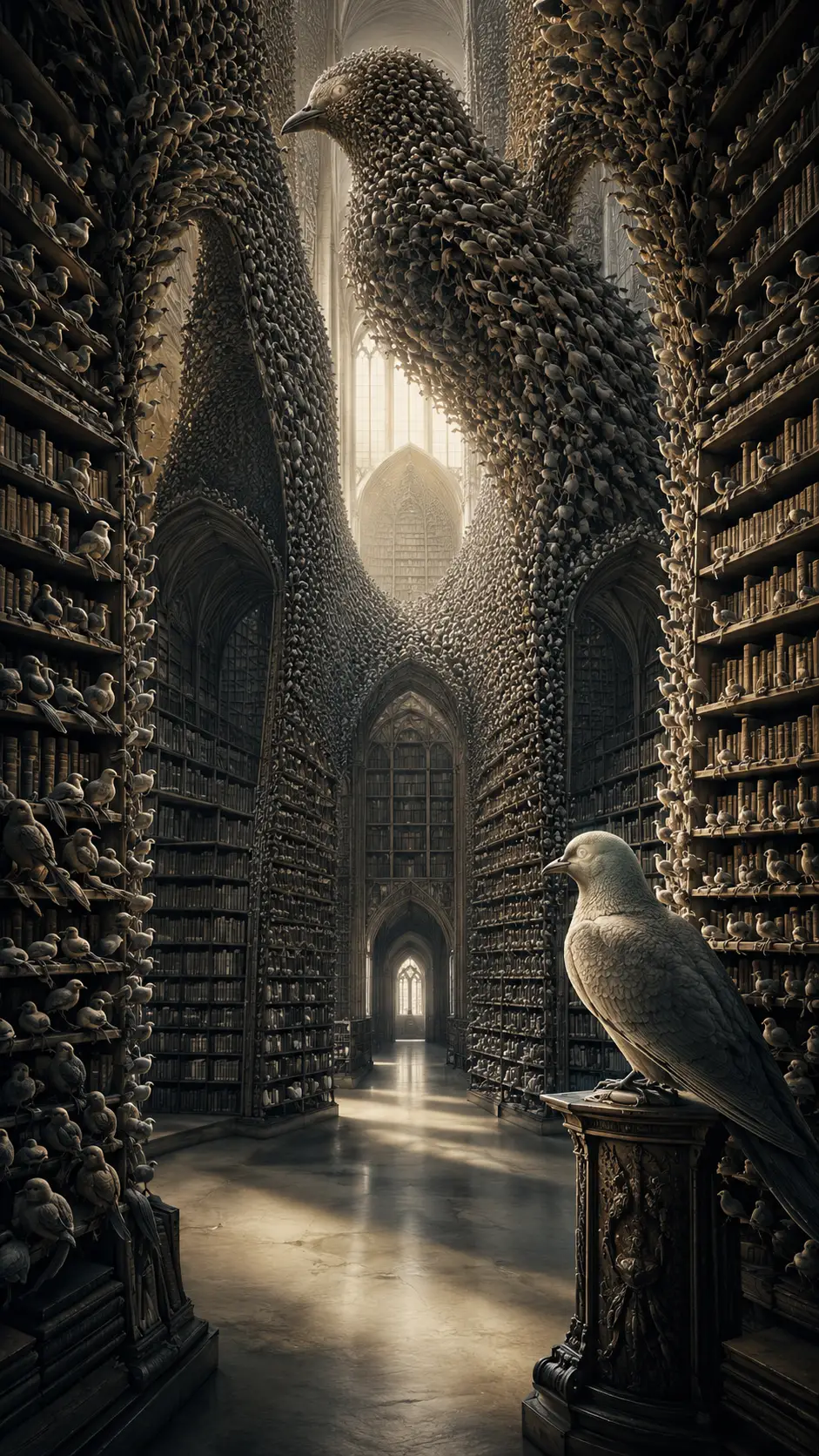 Biblioteca Infinita de Pássaros Formando Prateleiras Arquitetônicas Surreais