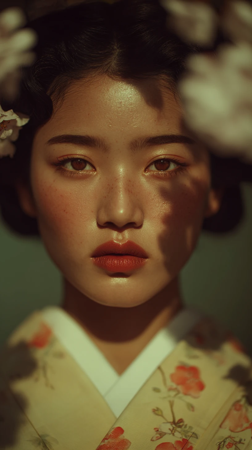 Geisha elegante em quimono floral com estilo de quadrinhos simétrico