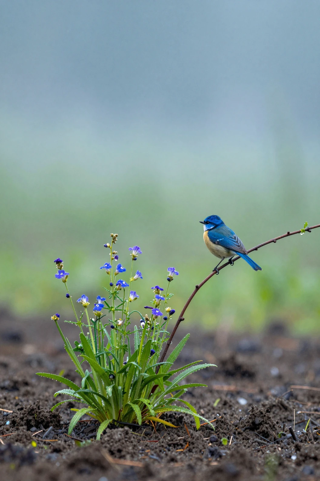 Pássaro azul sobre o solo úmido de primavera sob chuva suave