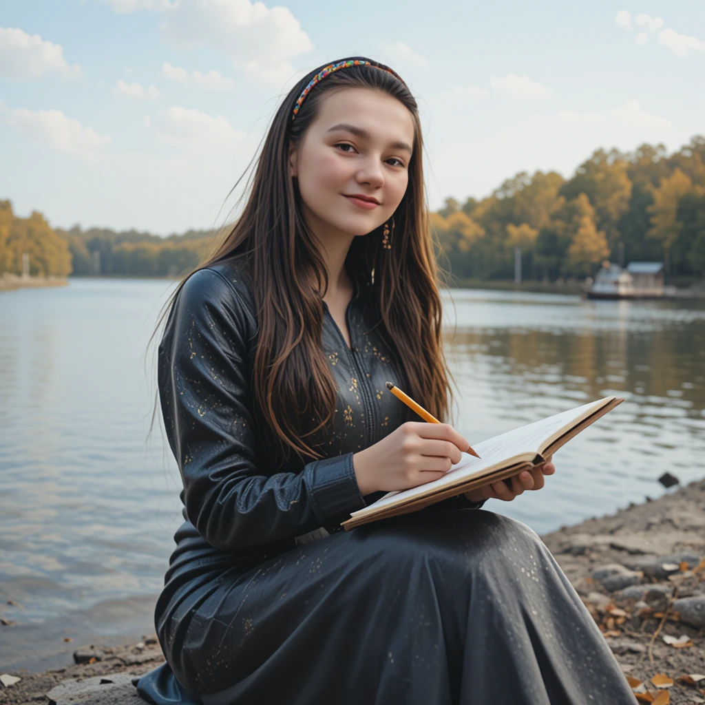 Giovane donna che disegna sulla riva di un lago calmo in autunno
