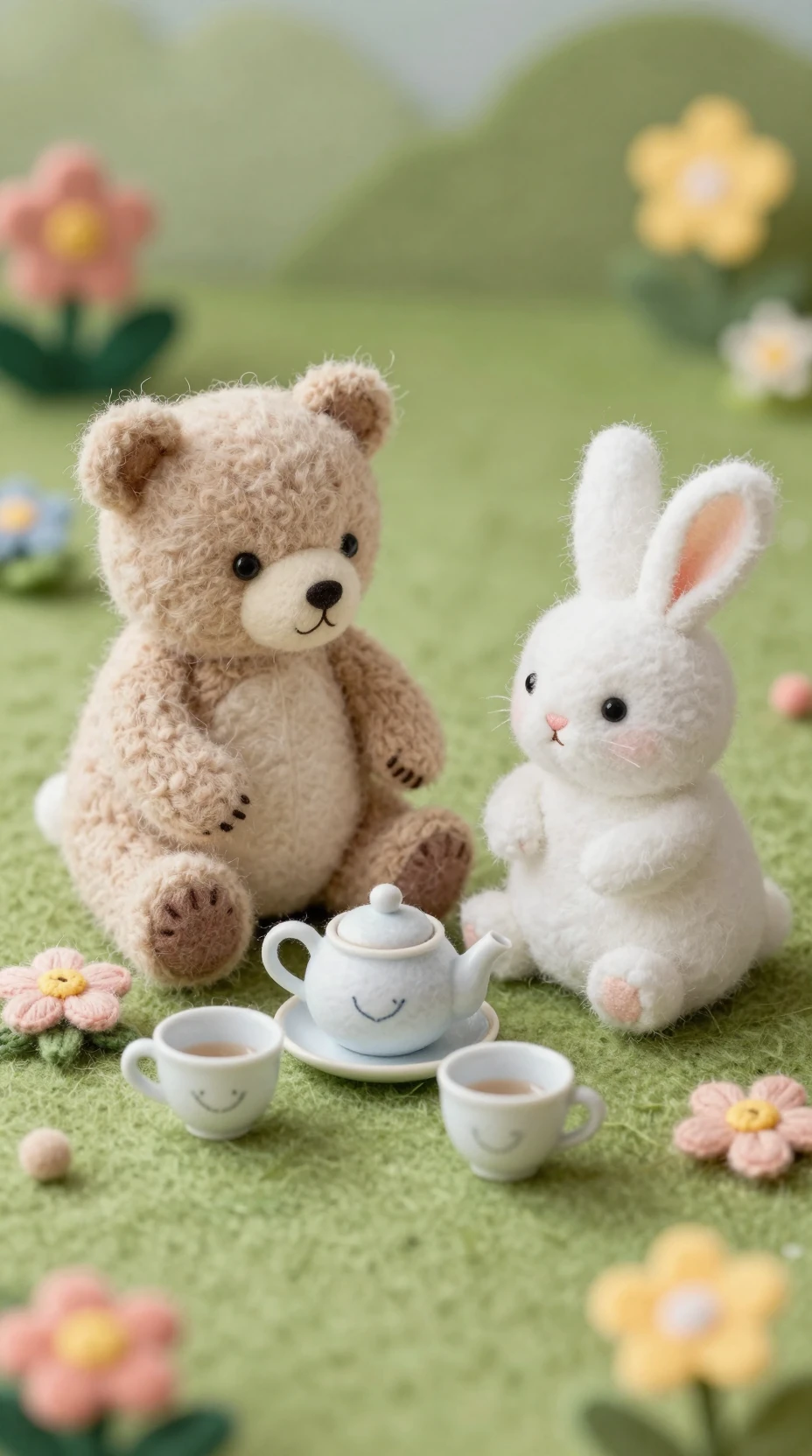 Urso de feltro e coelho angorá em um aconchegante chá de fio