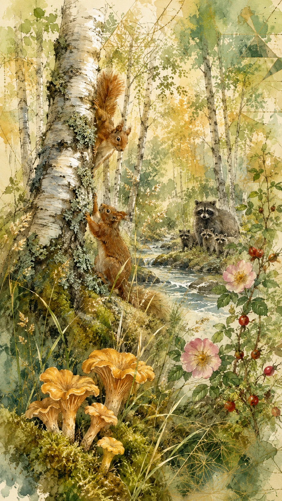 Sonnendurchfluteter Birkenwald mit Moos und Pfifferlingen