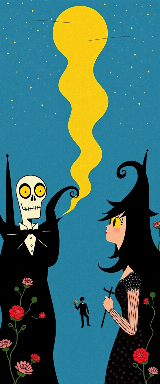 Personnages de fantasy rétro et fantaisistes dans une scène graphique colorée