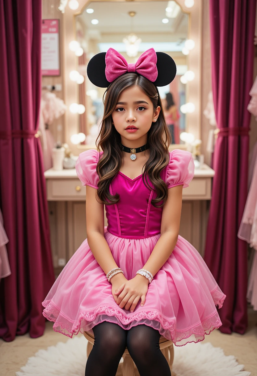 Garoto nervoso estilizado como princesa rosa em loja de vestidos